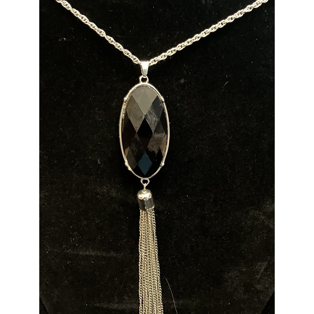 Large Oval Faceted Yellow & Black Cabochon Fringed Pendant Silver Tone Necklace
